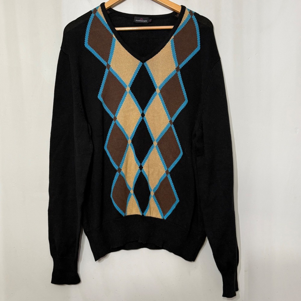 J.Lindeberg Mens Black Argyle Cotton V-Neck Sweater Blue Brown XL Golf Preppy